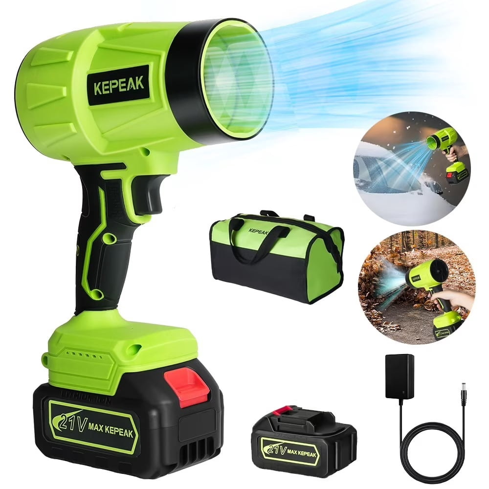 Kepeak Cordless Leaf Blower Portable Dust Cleaner Handheld Blowers 2 x 6.0Ah Batteries 180000 RPM Air Duster for Drying Patio Cleaning Green