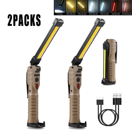 Kepeak Rechargeable Flashlights, 2 Pack LED Work Lights with Magnetic Base, 7 Modes, for Car Repair,Khaki