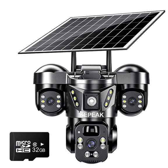 Kepeak Solar Outdoor Wireless Security Camera,Triple 3MP Lens PTZ, Night Vision, PIR,Two-Way Audio,32GB SD Card Included