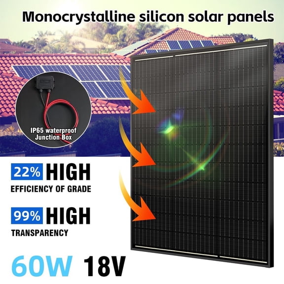 Kepeak Solar Panel 60W 18V Monocrystalline Waterproof for 12V Battery Charging 1-Pack