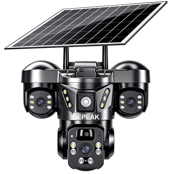 Kepeak Solar Powered Security Camera Outdoor Wireless, 9MP Triple Lens, 355° Pan & 90° Tilt, PIR Human Detection, Two-Way Audio, Color Night Vision, IP66 Waterproof