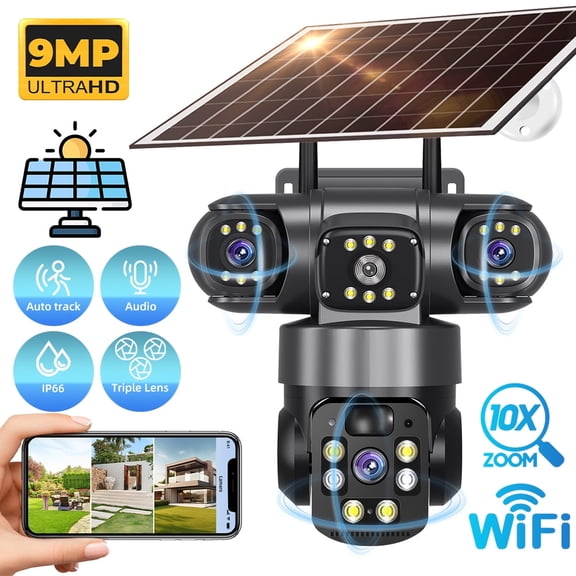 Kepeak Solar Security Camera Outdoor Wireless with 3-Lens 9MP, 355 Pan 90 Tilt WiFi Camera, PIR Motion Detection, 2-Way Audio, Color Night Vision, IP66 Waterproof for Home Yard Surveillance
