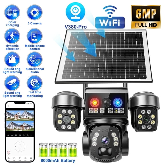 Kepeak 6MP WiFi Solar Security Camera, Triple Lens with 3-Screen View, PTZ, PIR Motion Detection, 2-Way Audio