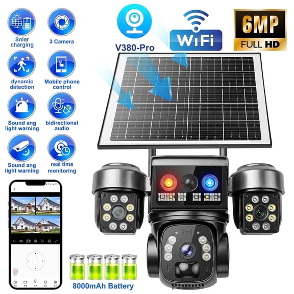 Kepeak 6MP WiFi Solar Security Camera, Triple Lens with 3-Screen View, PTZ, PIR Motion Detection, 2-Way Audio