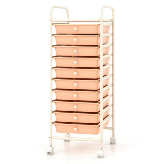 Kepooman 10 Drawer Storage Cart, Mobile Shelving Unit, Rolling Storage Cart Organizer with 4 Universal Casters-Cherry