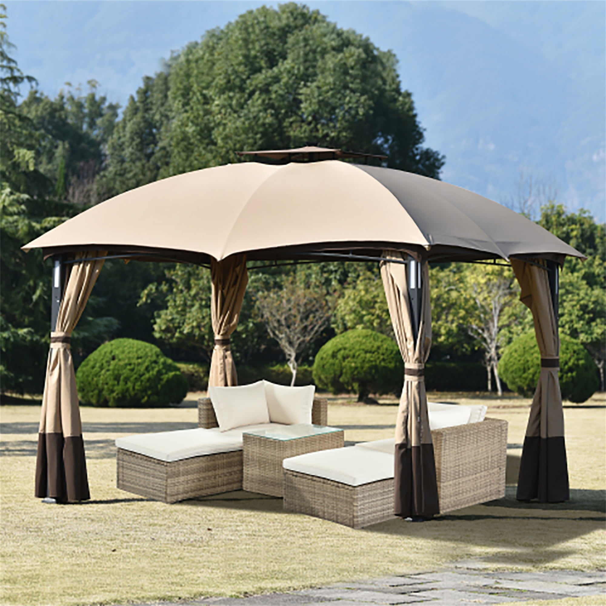 Kepooman 10' x 12' Outdoor Gazebo with Mesh and Curtains, Patio Gazebo Tent with LED Lights for Lawn, Garden, Backyard, and Patio