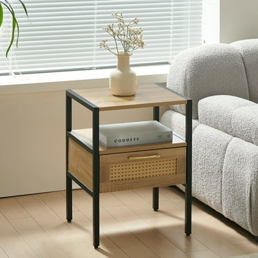 Kepooman 15.75" Rattan End Table with Drawer, Modern Nightstand, Metal Legs,Side Table for Living Room, Bedroom,Natural