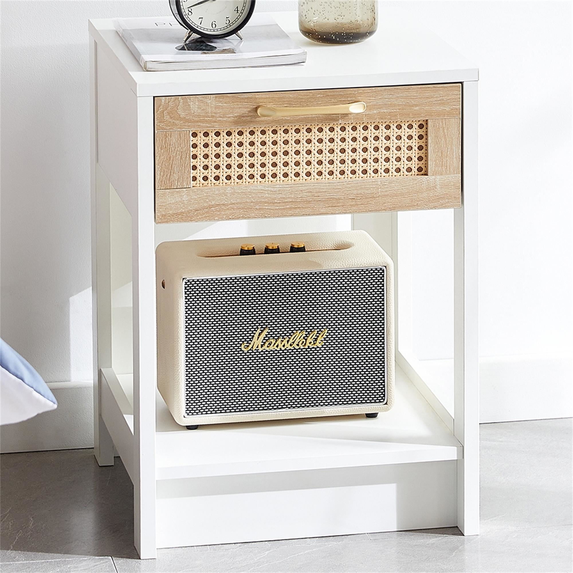 Kepooman 15.75" Rattan Night Table, Bedside Table with Drawer, Modern Farmhouse Nightstand for Living Roon, White