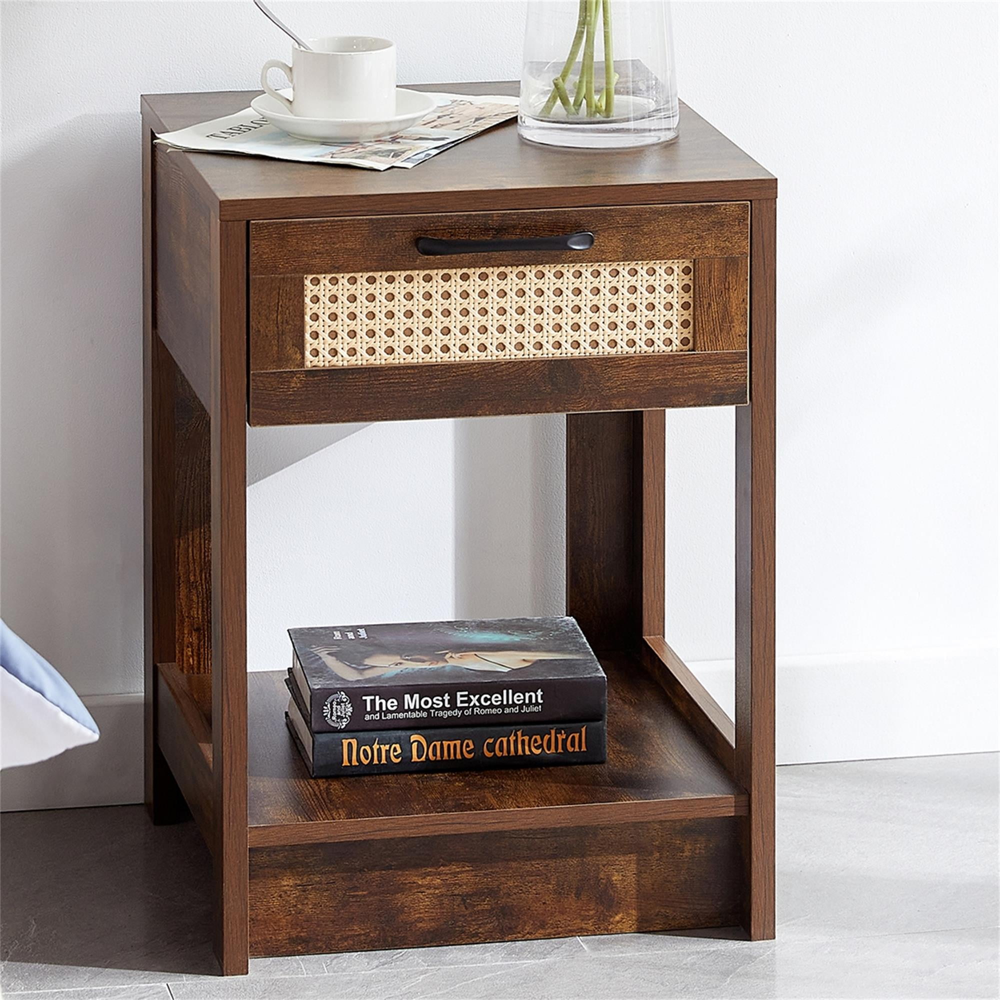 Kepooman 15.75" Rattan Night Table, Versatile Nightstand Bedside Table with a Drawer and Shelf, Modern End Side Table for Bedroom, Rustic Brown