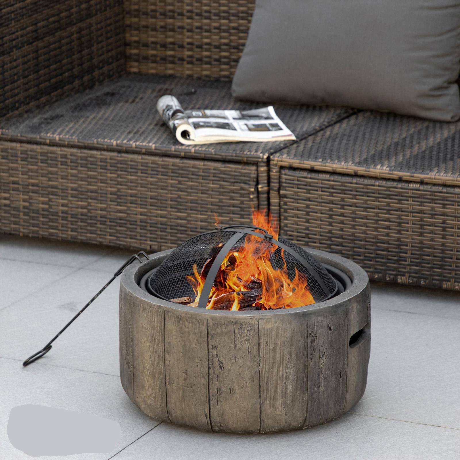 Kepooman 18" Fire Pit with Spark Cover, Poker and Woodgrain Design