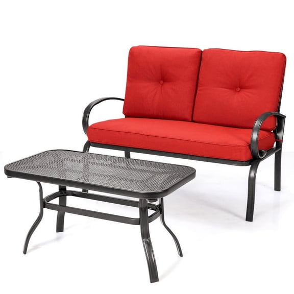 Kepooman 2 Pieces Patio Outdoor Cushioned Coffee Table Seat, Conversation Patio Porch Loveseat Chairs Furniture Set-Red