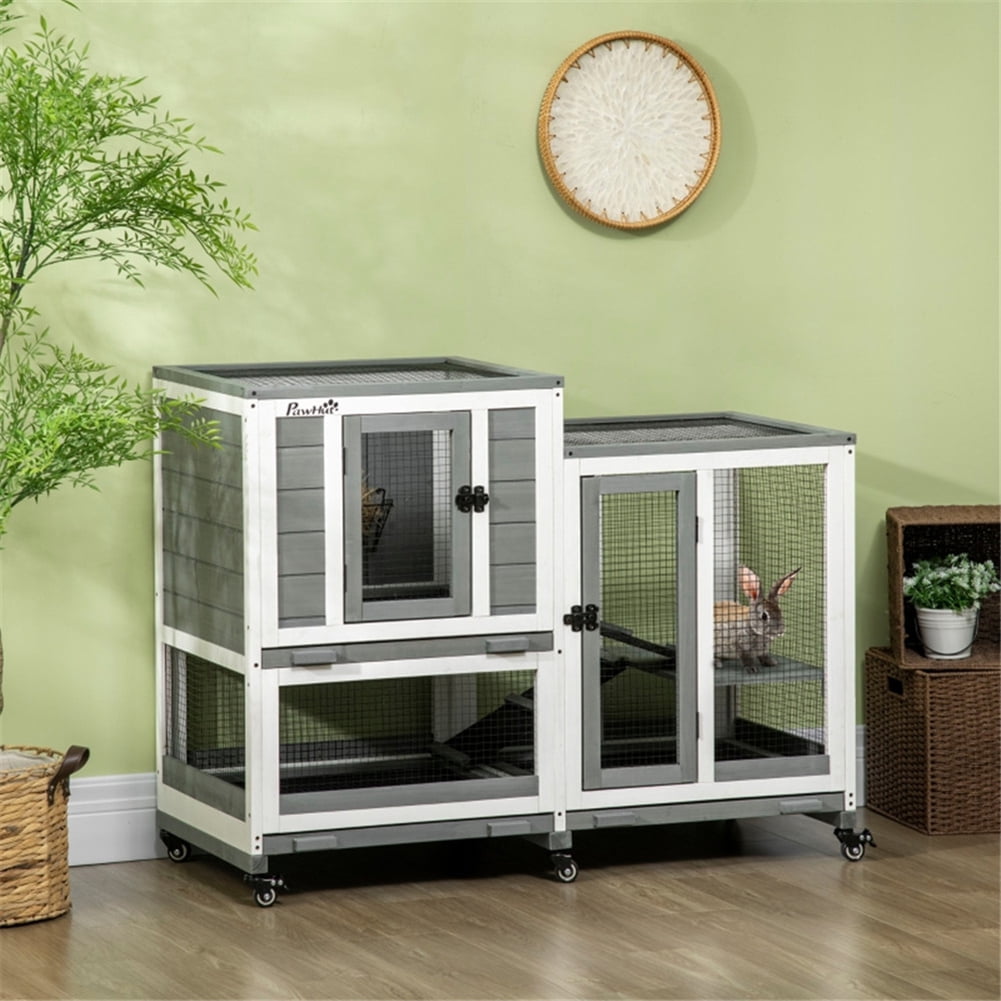 Kepooman 2-Story Rabbit Hutch Wooden Bunny Hutch Cage Small Animal House with Ramp, No Leak Tray, Weatherproof Roof, Indoor/Outdoor, Gray