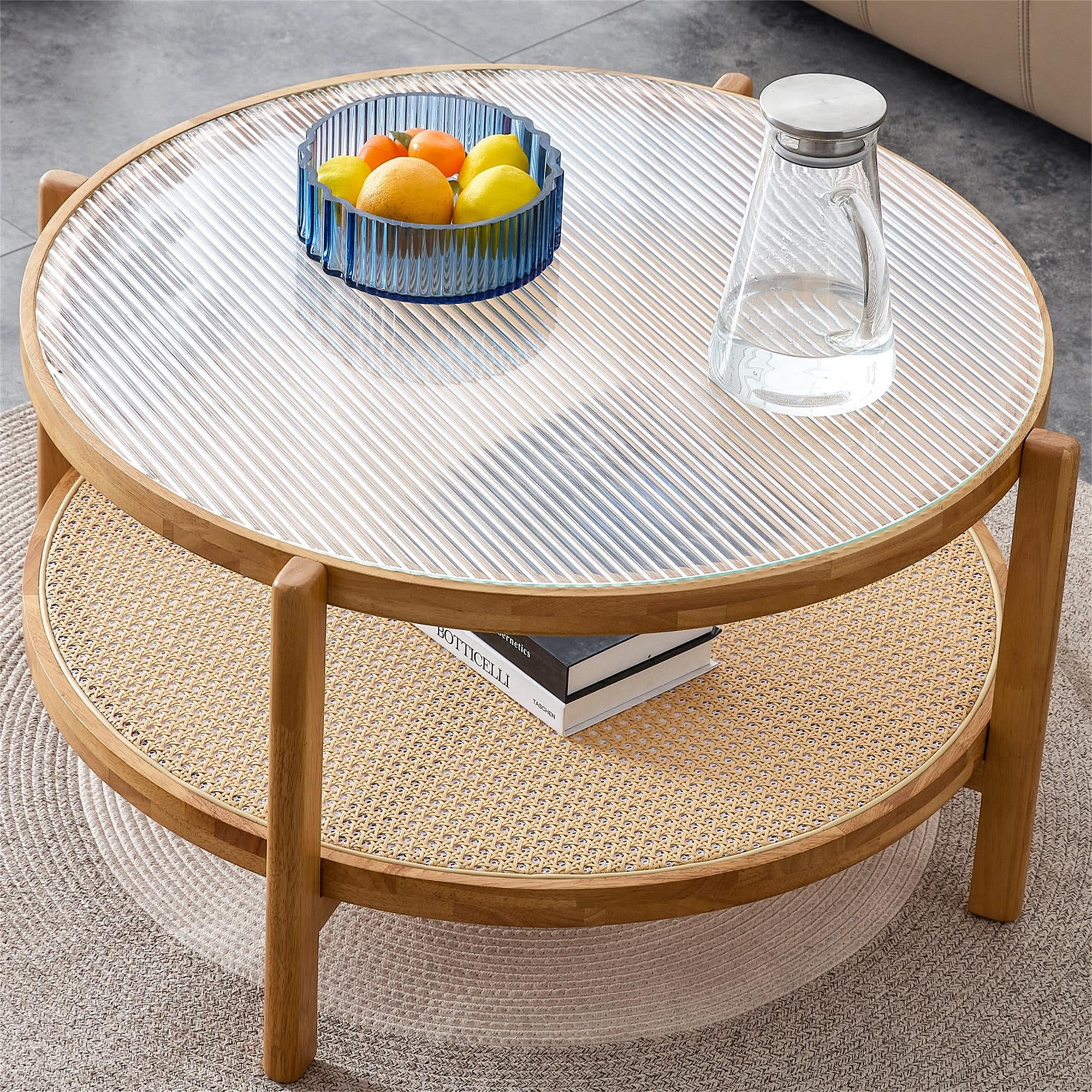 Kepooman 2-Tier Coffee Table, Round Tea Table with Solid Wood Frame and Pe Rattan, Modern Glass Sofa Center Table for Living Room, Natural Wood