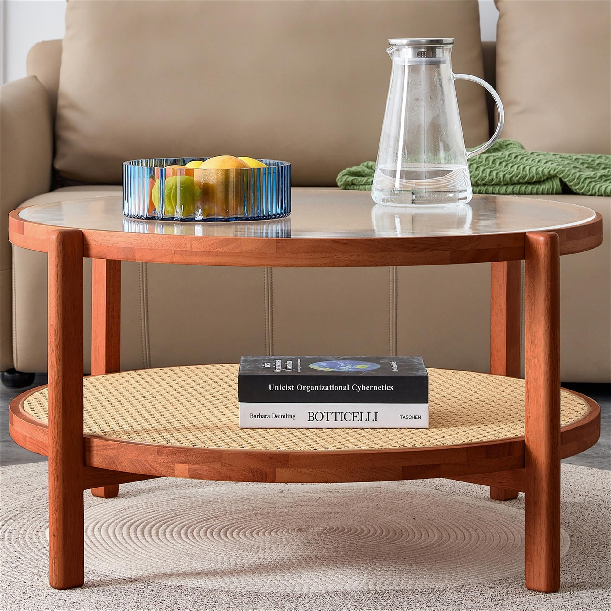 Kepooman 2-Tier Coffee Table, Round Tea Table with Solid Wood Frame and Pe Rattan, Modern Glass Sofa Center Table for Living Room, Walnut