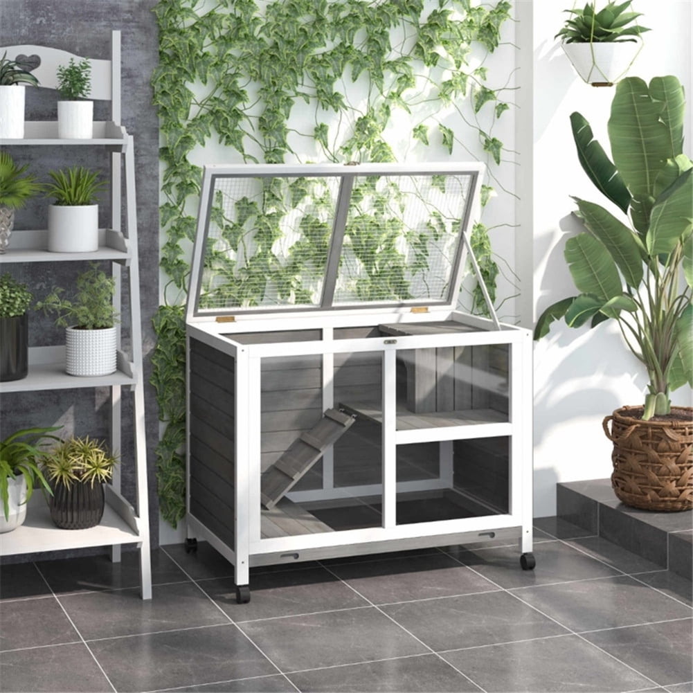 Kepooman 2 Tier Solid Wooden Rabbit Cage with 2 Transparent Rooms for Real Time Observation of Pet Status, Indoor Outdoor Rabbit Cage Guinea Pig Cage Small Animal Pet House, Gray