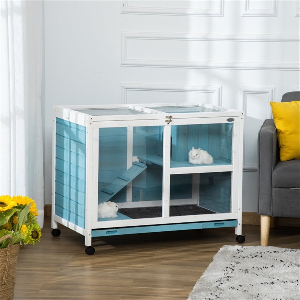 Kepooman 2 Tier Solid Wooden Rabbit Cage with 2 Transparent Rooms for Real Time Observation of Pet Status, Indoor Outdoor Rabbit Cage Guinea Pig Cage Small Animal Pet House, Light Blue