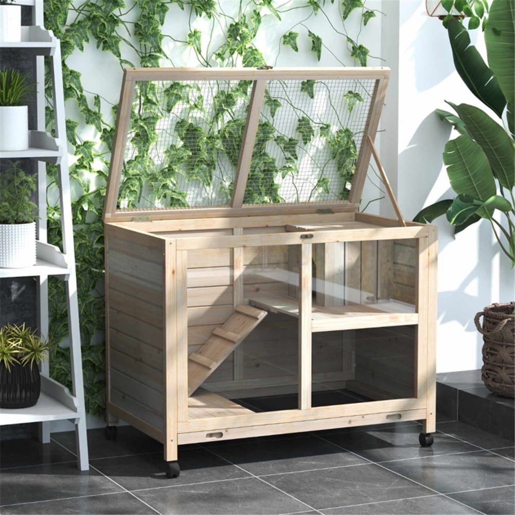 Kepooman 2 Tier Solid Wooden Rabbit Cage with 2 Transparent Rooms for Real Time Observation of Pet Status, Indoor Outdoor Rabbit Cage Guinea Pig Cage Small Animal Pet House, Natural
