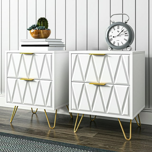 Kepooman 2pcs Night Table, Nightstand Side Table with 2 Drawer for Living Room, White
