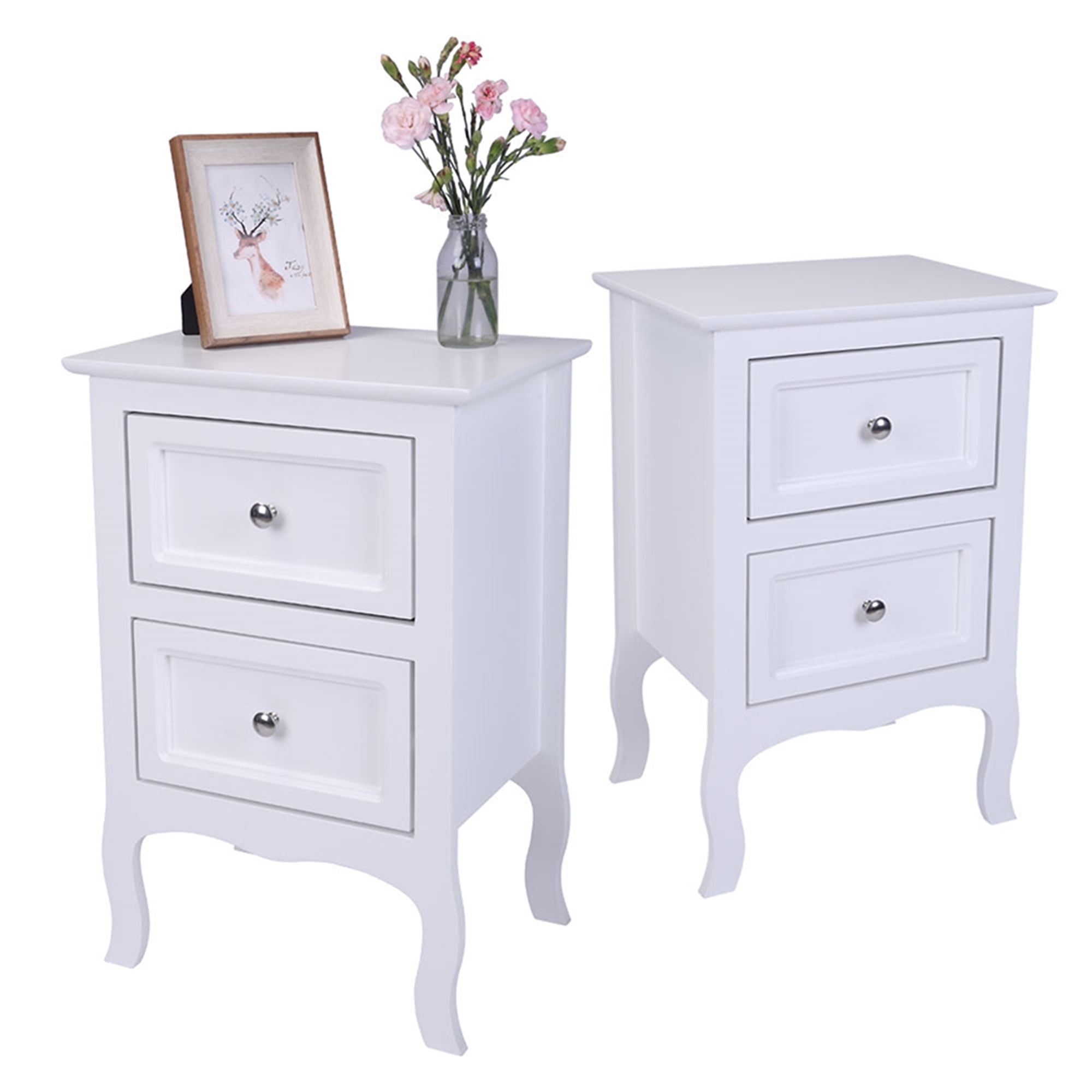 Kepooman 2pcs Two-Tier Nightstand, Bedside Table with Drawers for Bedroom, White