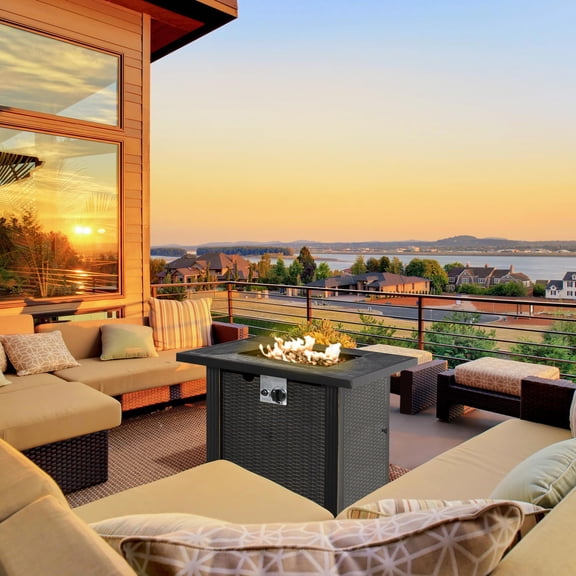 Kepooman 30" Fire Pit with Ceramic Tabletop, Lid and Lava Rocks & Rain Cover, Outdoor Fire Pit with 50,000 BTU Auto-Ignition for Backyard, Black