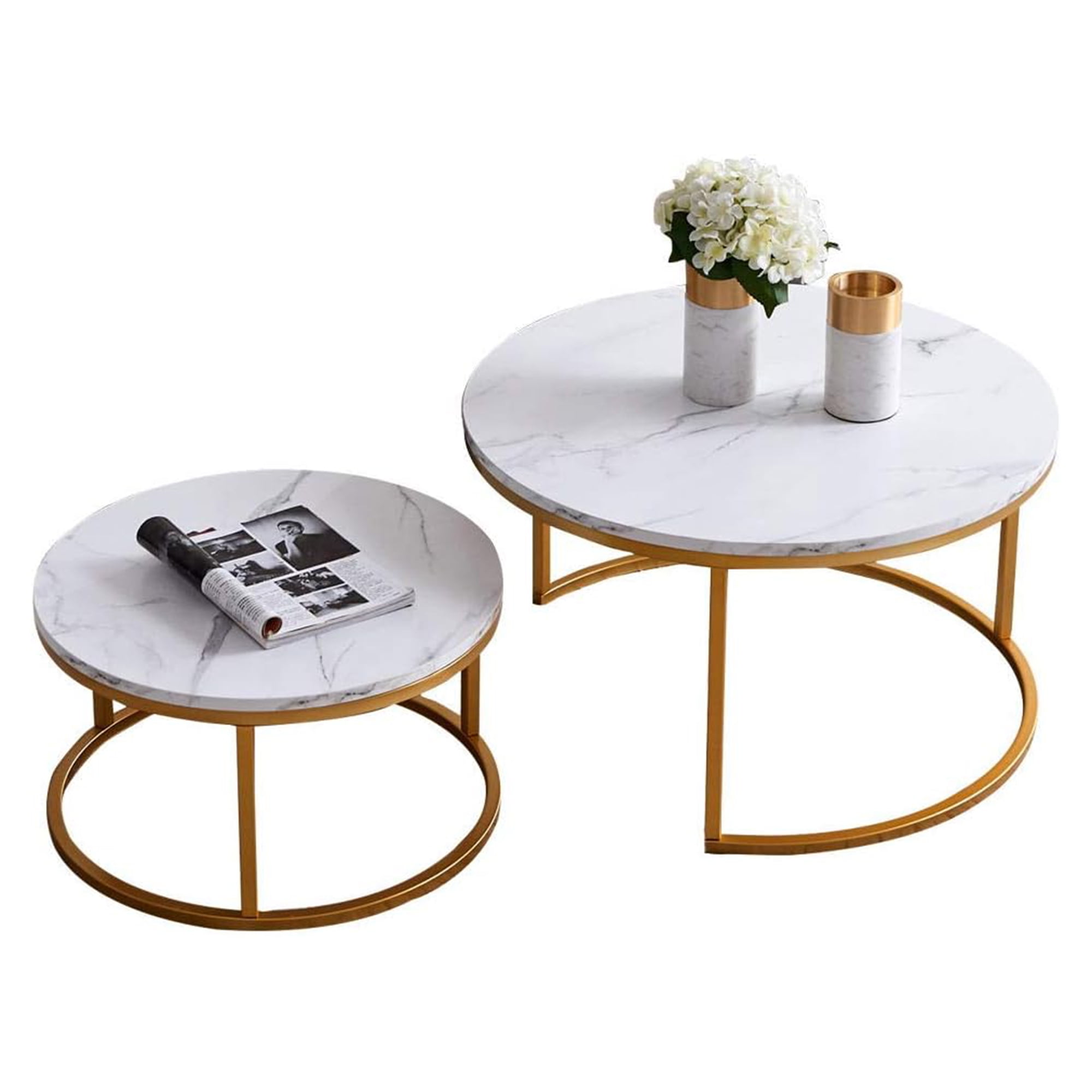 Kepooman 31.5" Nesting Coffee Table Set of 2, Round Nightstand with Faux Marble Wooden Top for Living Room, Golden