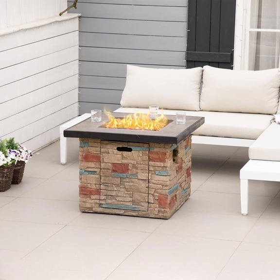 Kepooman 32" Fire Pit with Lava Rocks and Rain Cover, Outdoor Fire Pit with 50,000 BTU Auto-Ignition for Backyard, Camping, BBQ, Brown