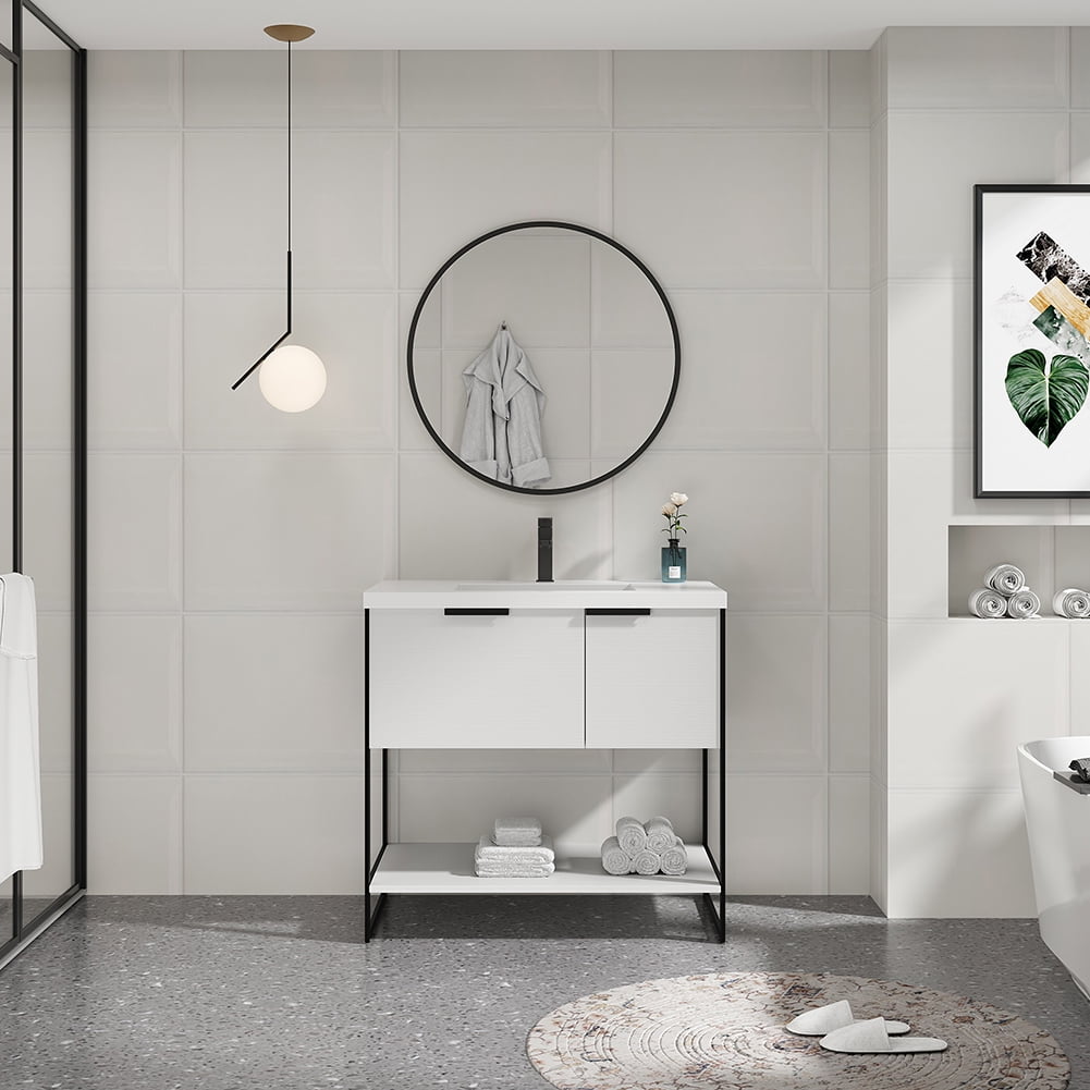 Kepooman 35" Modern Floating Bathroom Vanity, Free Standing Cabinet with Doors and Drawer, White Straight Grain