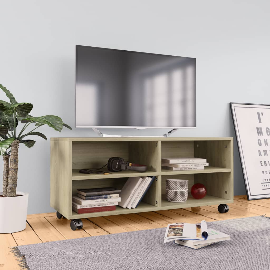 Kepooman 35" Modern Rolling TV Stand Cabinet with Castorsfor Living Room, Wood Color