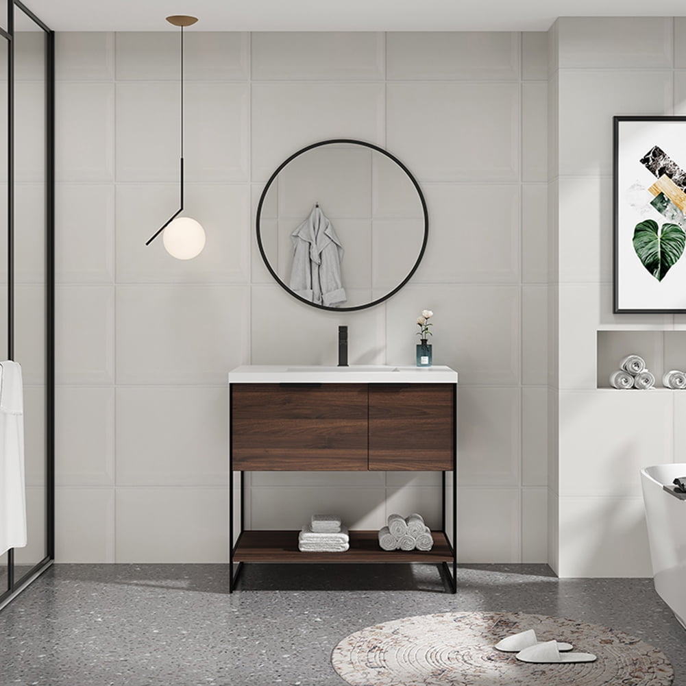 Kepooman 36" Bathroom Floating Vanity Cabinet, Contemporary Walnut Wooden Bathroom Vanity with Doors and Drawer