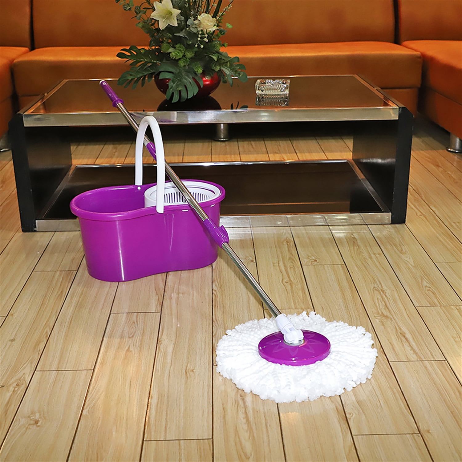 Kepooman 360-Degree Rotary Head Ultra Slim Microfiber Mop, Spin Mop and Bucket System with Stackable Bucket and 2 Machine Washable Microfiber Mop Heads, Purple