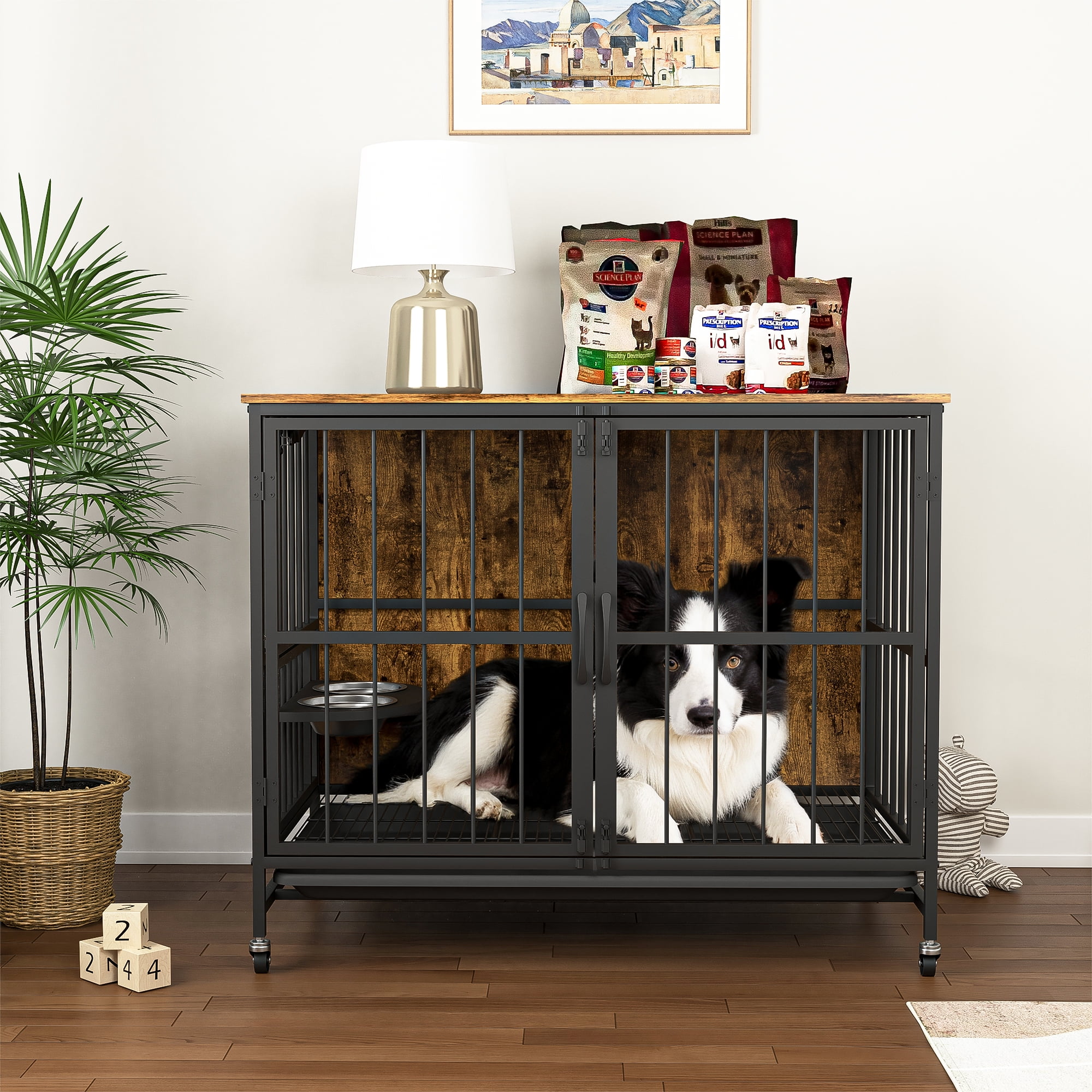 Kepooman 37 Inch Large Dog Crate Furniture with Bowl, Brown Multi ... - Dog Crate Stands For Big Dogs On Wheels
