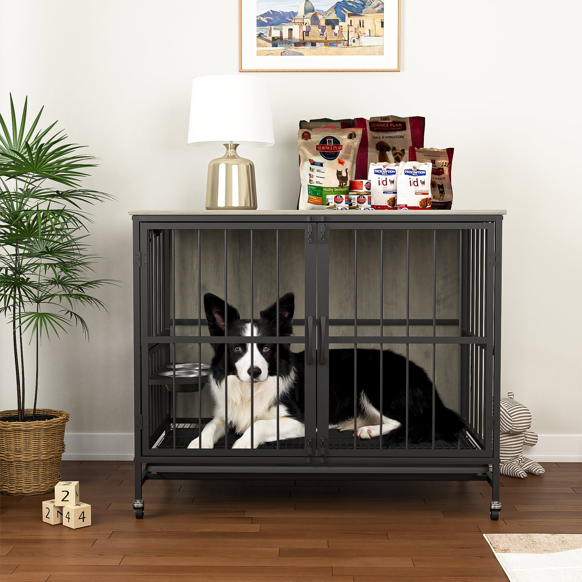 Kepooman 37 Inch Large Dog Crate Furniture with Bowl, Grey Multi ... - Multifunctional Dog Crate Living Room Furniture