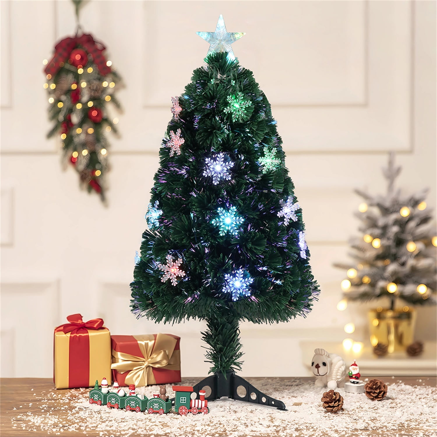 Kepooman 3ft Top With Stars, Christmas Tree with 12 Light Colorful Discoloration and 85 Branches, Green Kepooman 3ft Top With Stars, Christmas Tree with 12 Light Colorful Discoloration and 85 Branches, Green