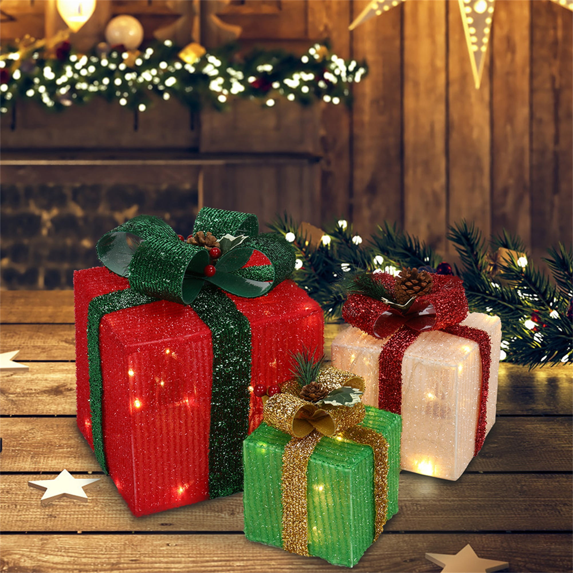 Kepooman 3pcs Christmas Gift Box, Box ABS Plastic Frame LED60 Light, Onion Cloth, Colorful Kepooman 3pcs Christmas Gift Box, Box ABS Plastic Frame LED60 Light, Onion Cloth, Colorful