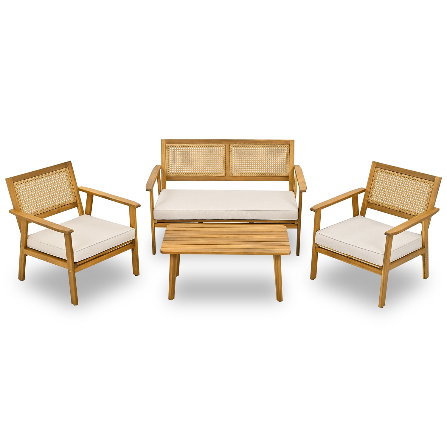 Kepooman 4 Piece Outdoor Acacia Wood Sofa Set for Garden, Outdoor Furniture Set with 2 Single Chairs, 1 Rectangular Table, Double Chair, Natural Kepooman 4 Piece Outdoor Acacia Wood Sofa Set for Garden, Outdoor Furniture Set with 2 Single Chairs, 1 Rectangular Table, Double Chair, Natural
