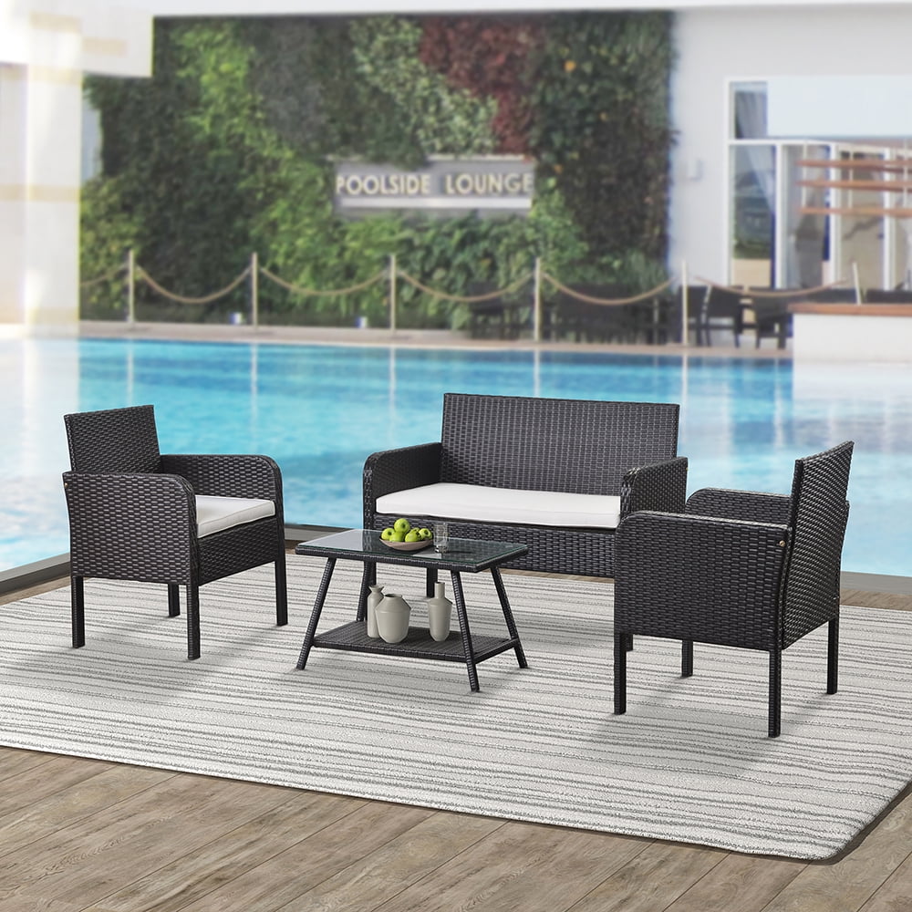 Kepooman 4 Piece Patio Ratten Dining Set, Outdoor Conversation Sofa Seating Set with Cushions - Beige Kepooman 4 Piece Patio Ratten Dining Set, Outdoor Conversation Sofa Seating Set with Cushions - Beige
