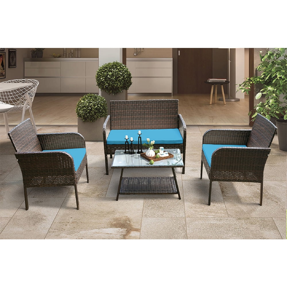 Kepooman 4 Piece Patio Ratten Dining Set, Outdoor Conversation Sofa Seating Set with Cushions - Blue Kepooman 4 Piece Patio Ratten Dining Set, Outdoor Conversation Sofa Seating Set with Cushions - Blue