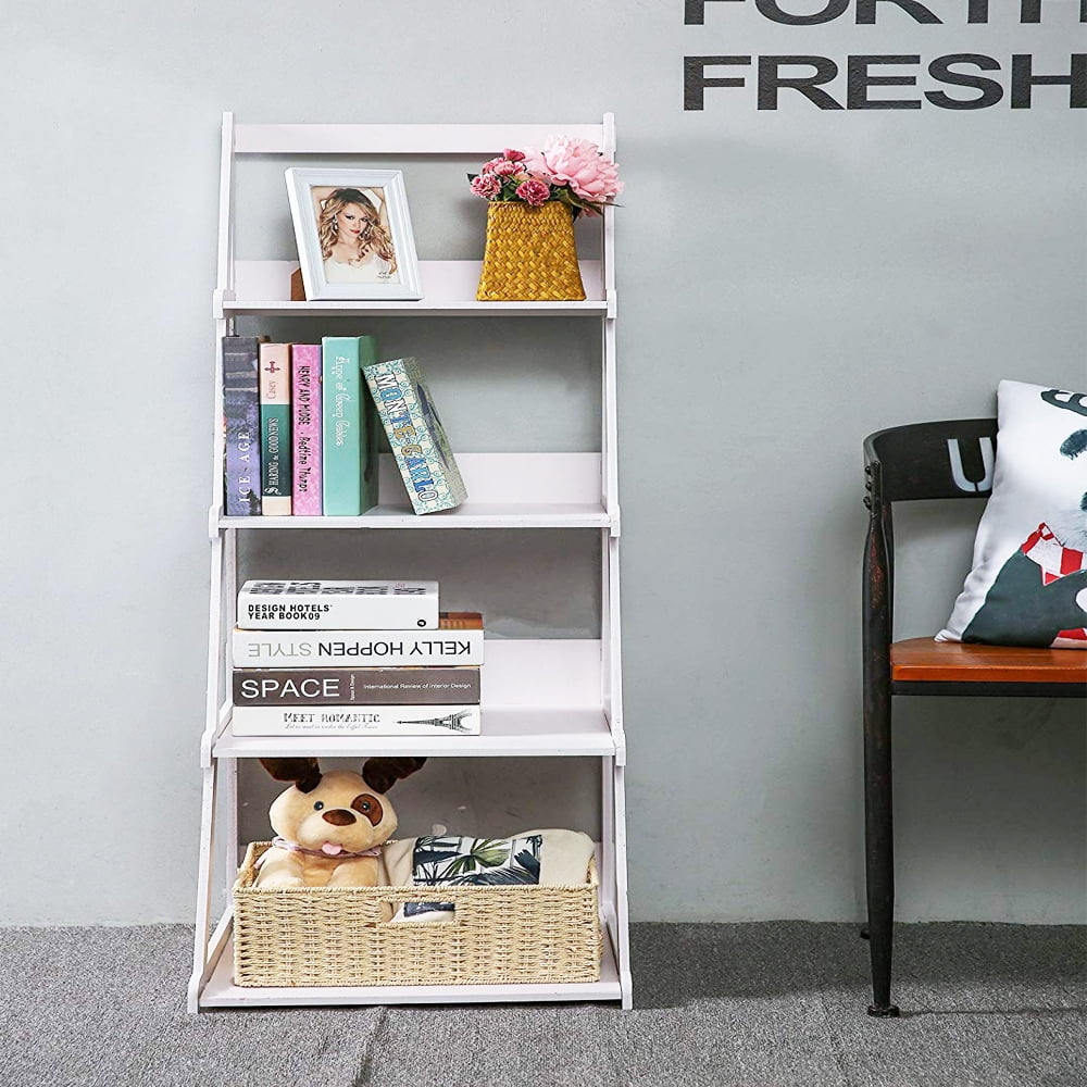 Kepooman 4-Tier Wood Plastic Ladder Style Shelf, Plant Stand, White Kepooman 4-Tier Wood Plastic Ladder Style Shelf, Plant Stand, White
