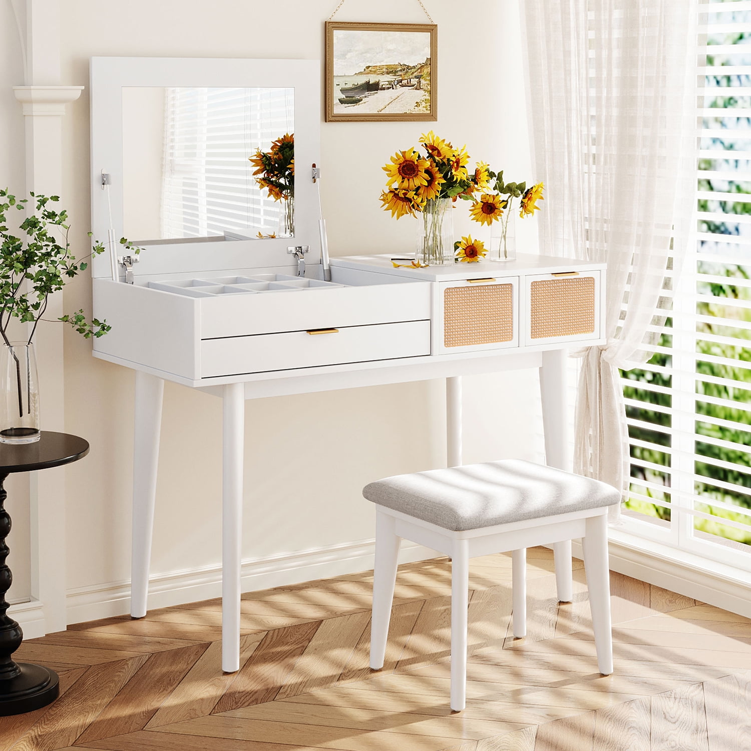 Kepooman 43.3" Classic Wood Makeup Vanity Set with Flip-top Mirror and Stool, Dressing Table with 3 Drawers, White Kepooman 43.3" Classic Wood Makeup Vanity Set with Flip-top Mirror and Stool, Dressing Table with 3 Drawers, White