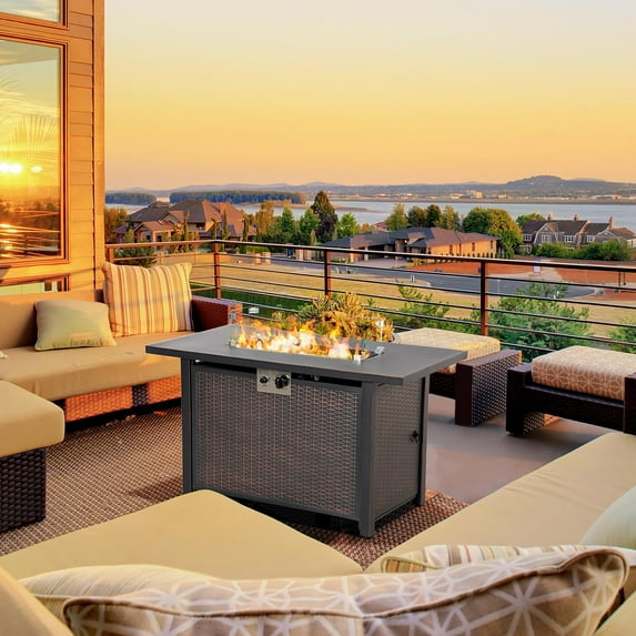 Kepooman 43" Fire Pit with Glass Wind Guard, Lid, Glass Beads and Steel Base, Outdoor Fire Pit with 50,000 BTU Auto-Ignition for Backyard, Bronze