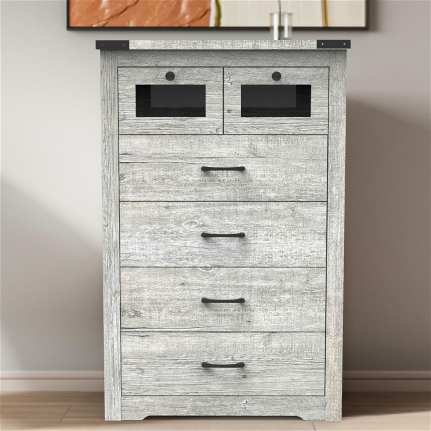 Kepooman 46" Long Dresser, Chest of Drawers with 6 Drawers and LED Light for Bedroom, Cement Grey Kepooman 46" Long Dresser, Chest of Drawers with 6 Drawers and LED Light for Bedroom, Cement Grey