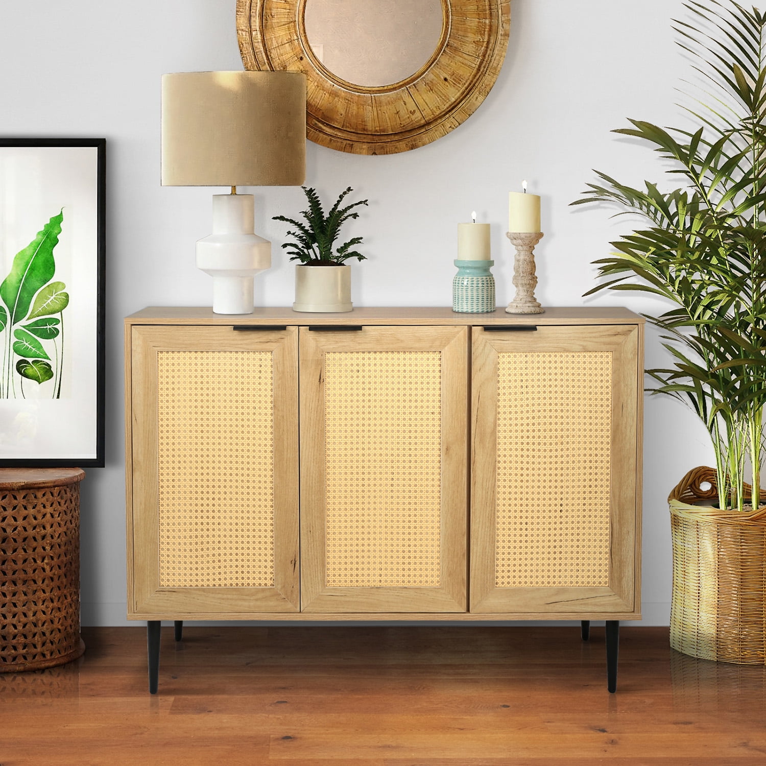 Kepooman 47.24" Wide Kitchen Storage Cabinet, Accent Storage Cabinet with 3 Rattan Doors, Sideboard for Bedroom with 3-Tier Shelving, Natural Kepooman 47.24" Wide Kitchen Storage Cabinet, Accent Storage Cabinet with 3 Rattan Doors, Sideboard for Bedroom with 3-Tier Shelving, Natural