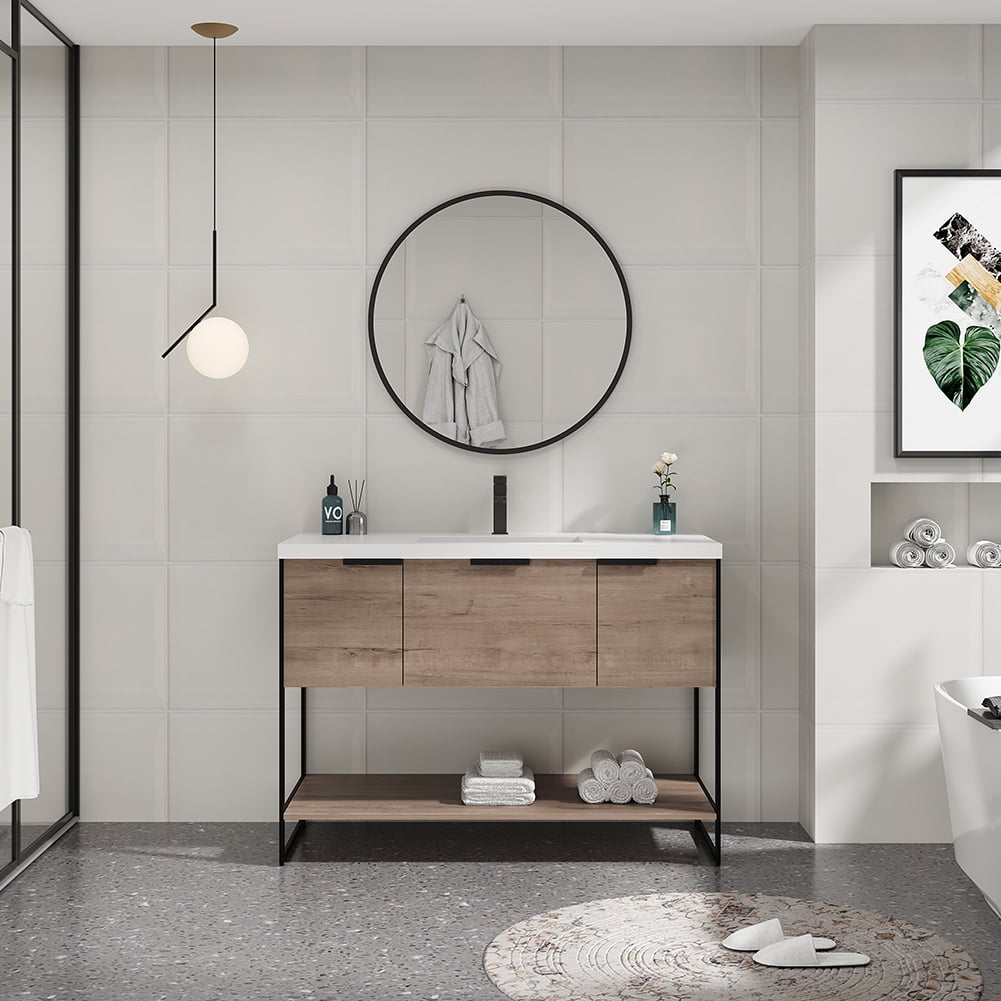 Kepooman 47" Modern Floating Bathroom Vanity, Free Standing Cabinet with Doors and Drawer, Imitative Oak Kepooman 47" Modern Floating Bathroom Vanity, Free Standing Cabinet with Doors and Drawer, Imitative Oak
