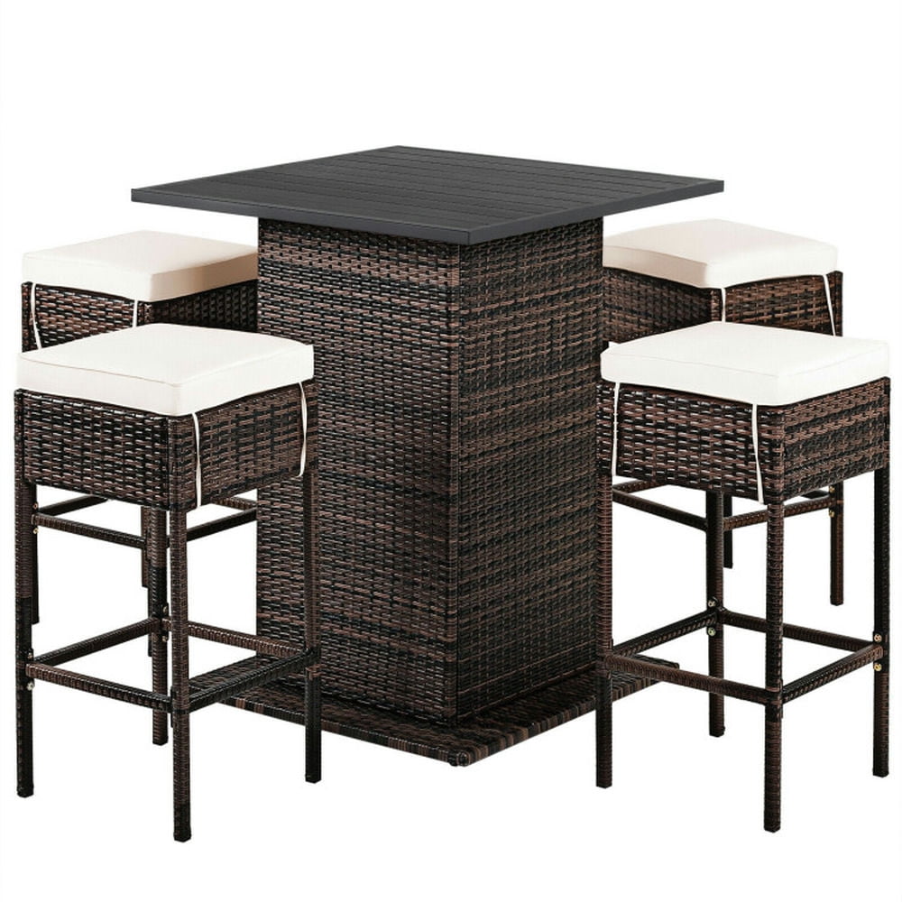 Gray Wicker 5-Piece Outdoor Bar Set with White Cushions