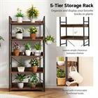 Kepooman 5-Tier Industrial Bookcase Storage Organizer with 4 Hanging Hooks for Living Room Home Office Study Space Saving Furniture, Rustic Brown
