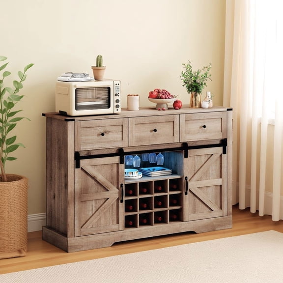 Kepooman 52 Inches Buffet Wine Cabinet with LED Lights and Sliding Barn Doors for Living Room Dining Room, Light Gray