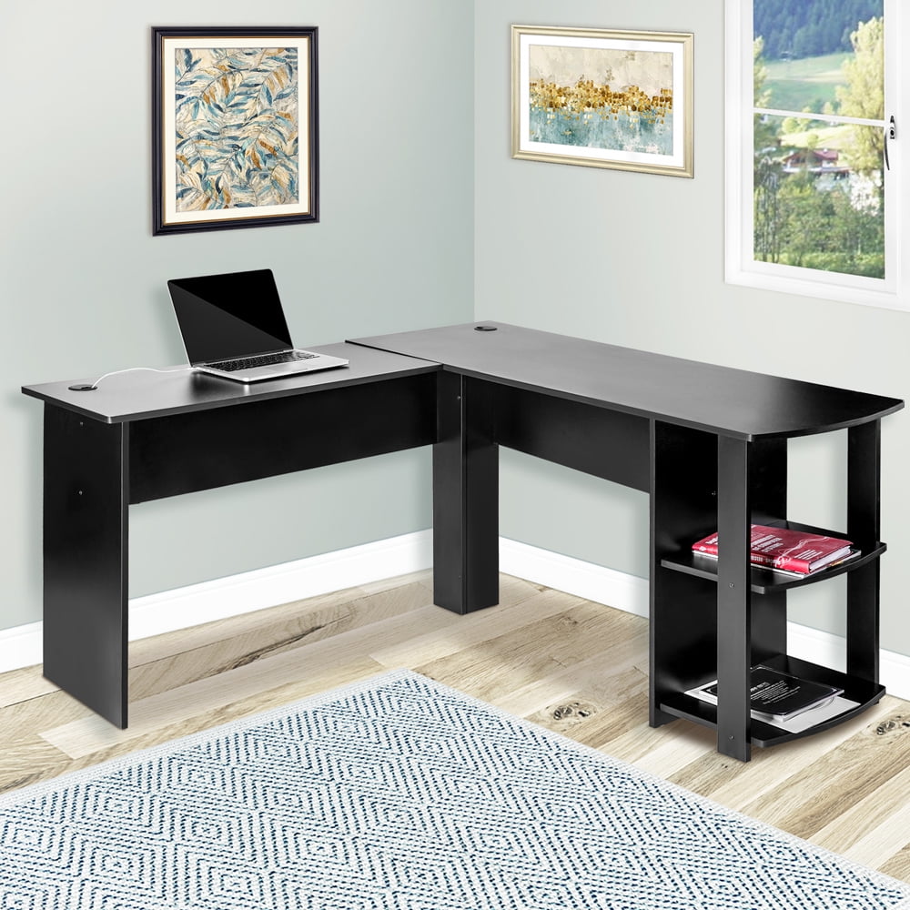 Kepooman 55.1" Modern L-Shapped PC Desk with Storage Shelf for Home Office, Black Kepooman 55.1" Modern L-Shapped PC Desk with Storage Shelf for Home Office, Black