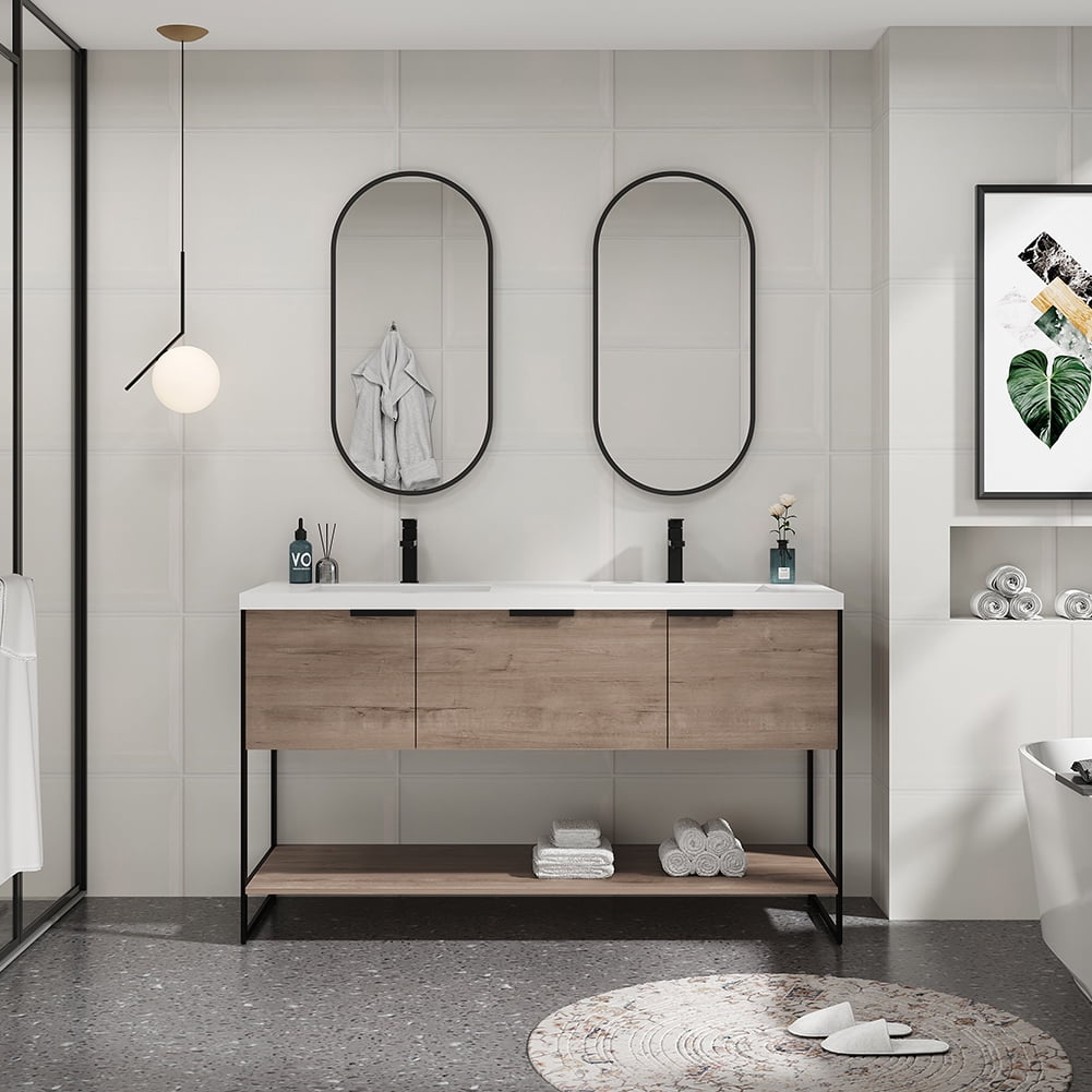 Kepooman 59" Bathroom Vanity, Modern Floating Bathroom Cabinet with Doors and Drawer, Imitative Oak Kepooman 59" Bathroom Vanity, Modern Floating Bathroom Cabinet with Doors and Drawer, Imitative Oak