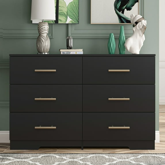 Kepooman 6 Drawer Double Dresser, Black Chest of Drawer with Golden Handle for Bedroom, Particle Board Storage Cabinet
