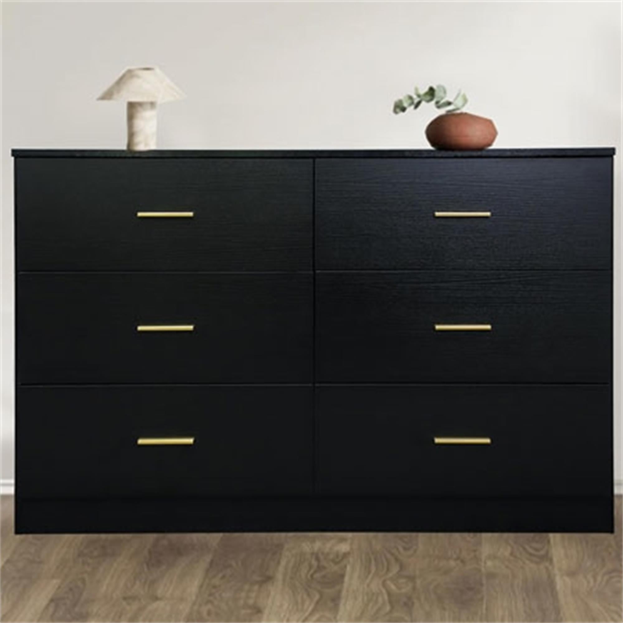 Black Modern 6-Drawer Dresser with Golden Handles